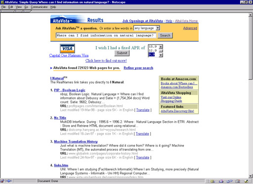 Figure 2: Natural Language Search on Altavista